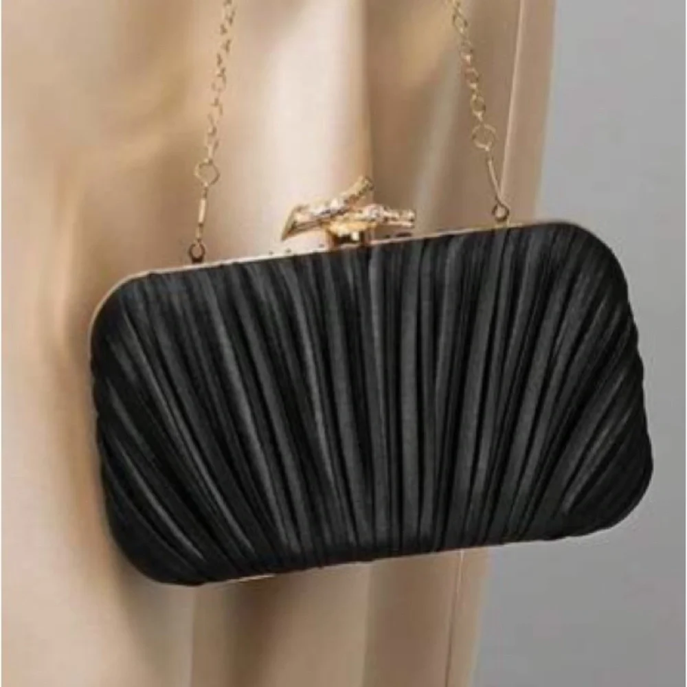 Elegant Black Pleated Evening Clutch with Gold Chain